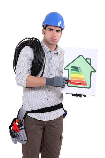 Fed-up tradesman pointing to an energy efficiency rating of G — Stock Photo, Image