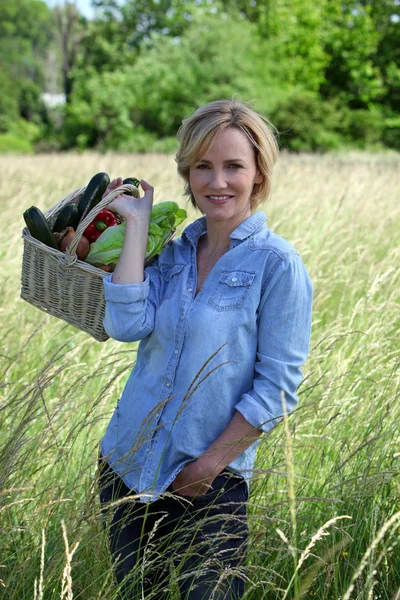 Woman with vegetables basket — Stock Photo, Image