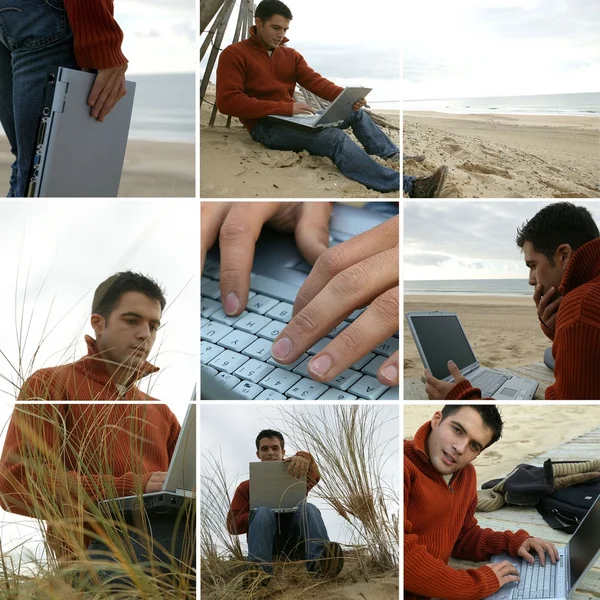 Kolaż człowieka za pomocą jego laptop nad morzem — Zdjęcie stockowe