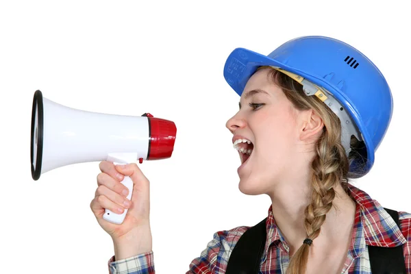 Female preaching with megaphone — Stock Photo, Image
