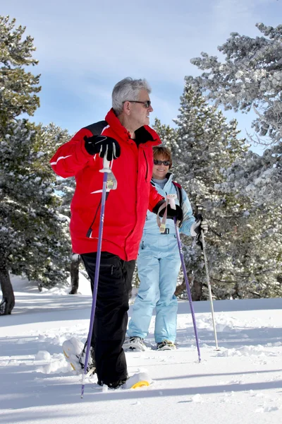 Old couple skiing together Stock Picture
