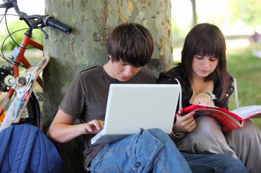Young students doing their homework in a park clipart