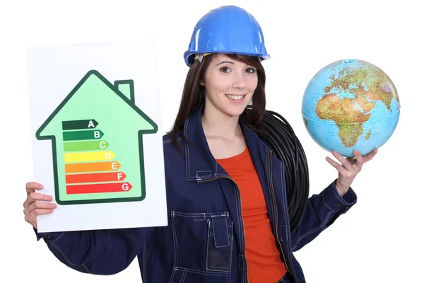 Woman holding an energy-saving drawing and a globe and wires — Stock Photo, Image