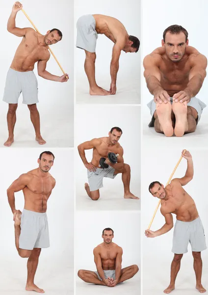 Muskularny mężczyzna robi rozciąganie i fitness — Zdjęcie stockowe