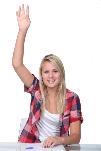 Student with hand up — Stock Photo, Image