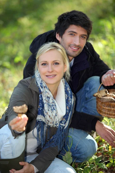Ritratto di una coppia che raccoglie funghi — Foto Stock