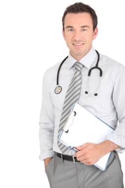 Male doctor holding patients results clipart