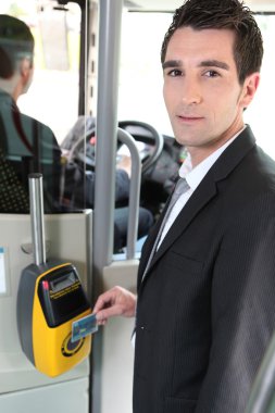 Portrait of a man in public transportation clipart