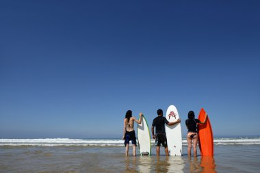 Three friends stood on beach with surfboards clipart