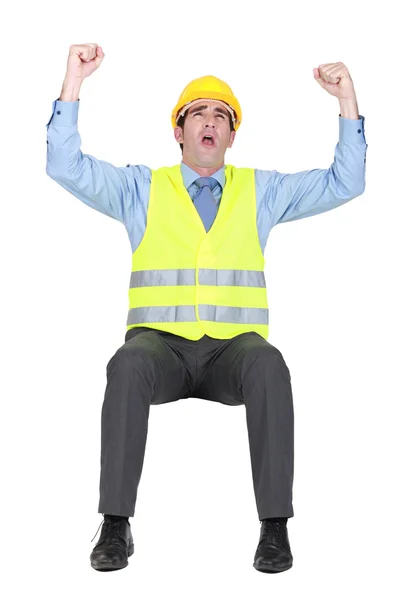Úspěšné stavební podnikatel, zvedá ruce — Stock fotografie