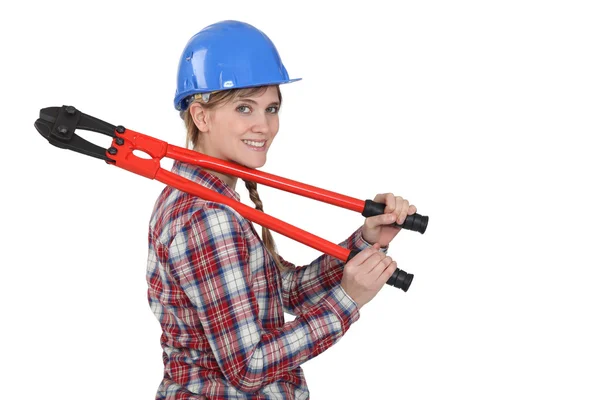 Woman with a pair of boltcutters — Stock Photo, Image