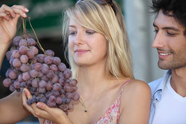 Casal olhando para enormes cachos de uvas — Fotografia de Stock