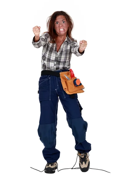 Woman carpenter getting mad — Stock Photo, Image