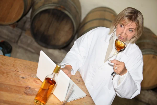 Vin expert provsmakning vinet i en källare — Stockfoto