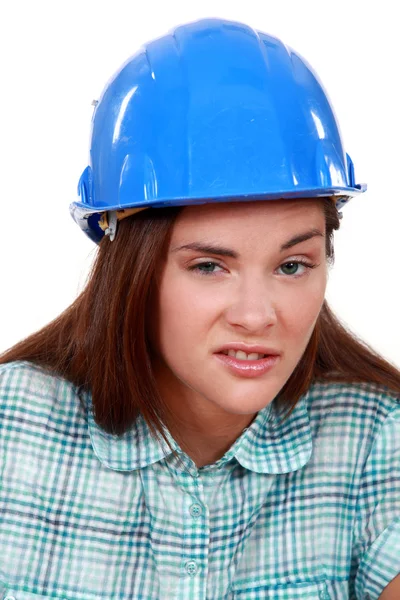Fiatal nő munkás grimaszok — Stock Fotó