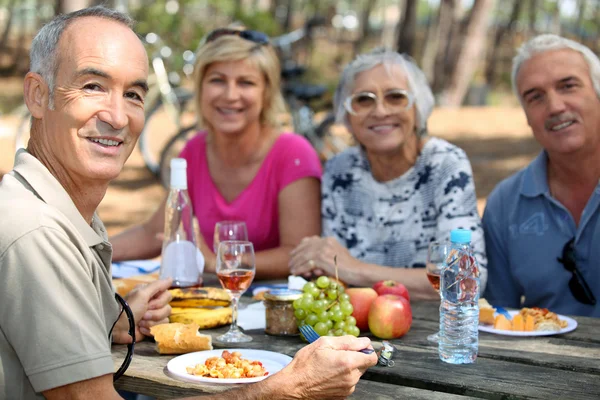 Família comendo piquenique na floresta — Fotografia de Stock