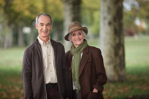 Altes Paar in einem Park zur Herbstzeit lizenzfreie Stockfotos
