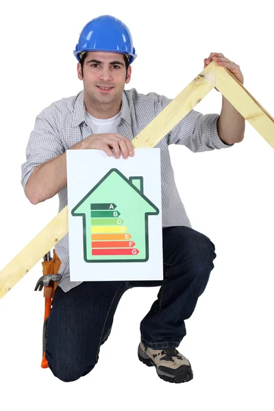 Carpenter kneeling with energy efficiency banner — Stock Photo, Image