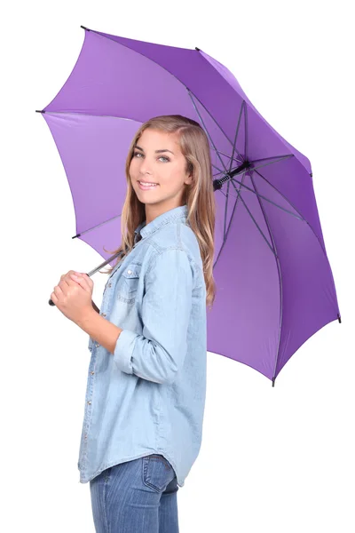 Cute blondie under an umbrella. — Stock Photo, Image