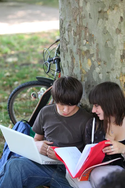 Teenagers sitting against a tree trunk and talking — Stock Photo, Image