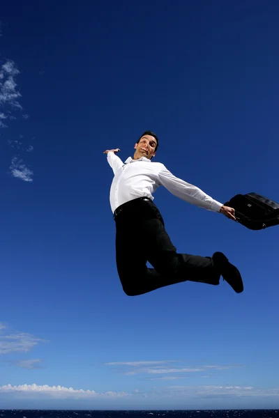 Glad affärsman hoppa i fältet — Stockfoto
