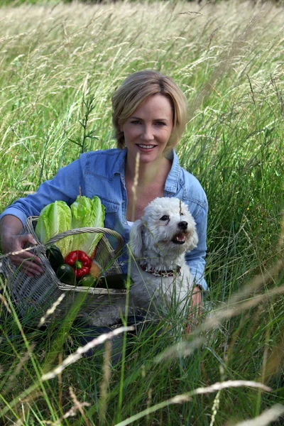 Femme dans un champ avec chien — Photo