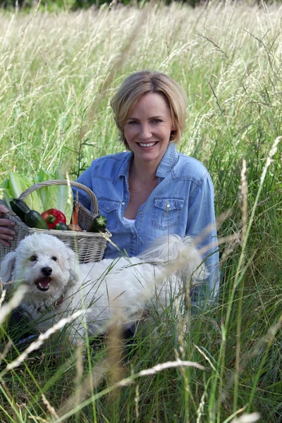 Kvinna och hund på landsbygden — Stockfoto