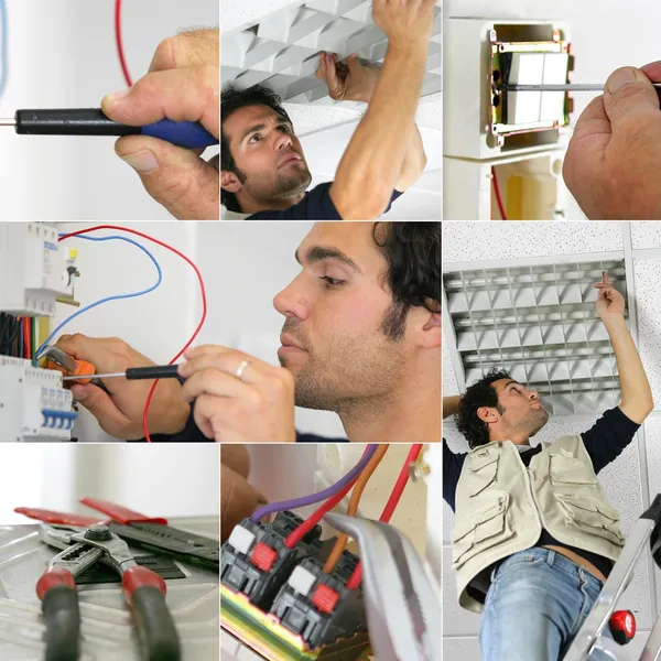 Fotomontage av en elektriker på jobbet — Stockfoto