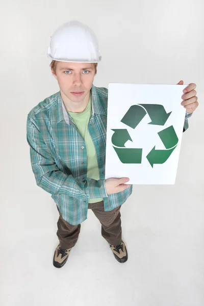 Workers with recycling sign — Stock Photo, Image