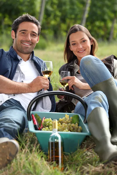 Виноградари за бокалом вина — стоковое фото