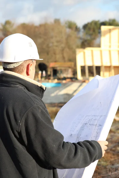 Builder on site with plans — Stock Photo, Image