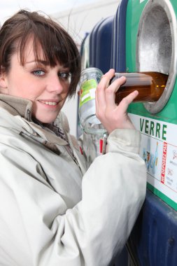 Woman recycling glass bottles clipart