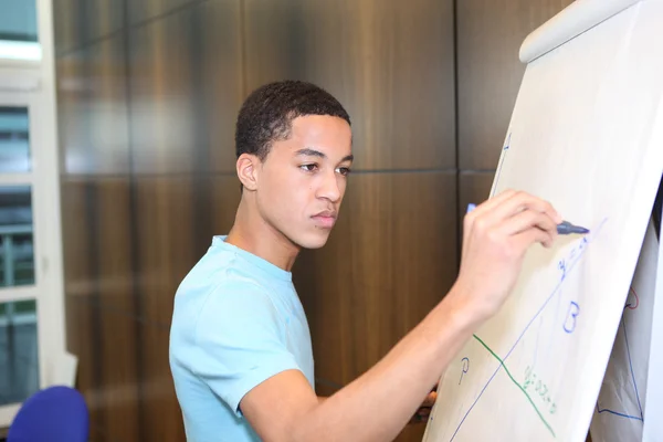 Business student drawing graph on flip-chart — Stock Photo, Image