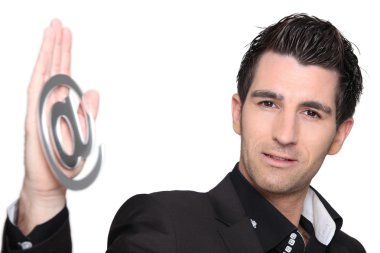 Handsome man with sign clipart