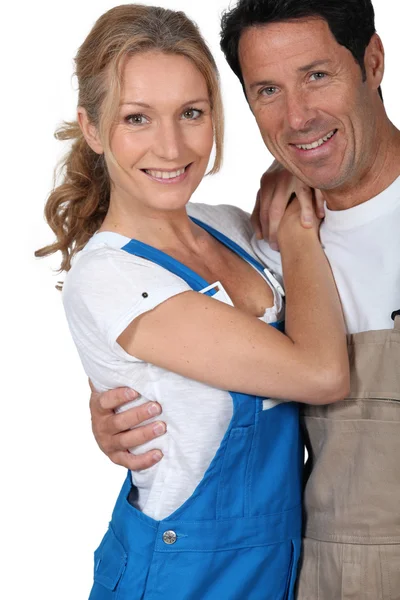 DIY couple in overalls — Stock Photo, Image
