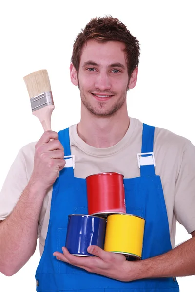 Decorator with pots of paint — Stock Photo, Image