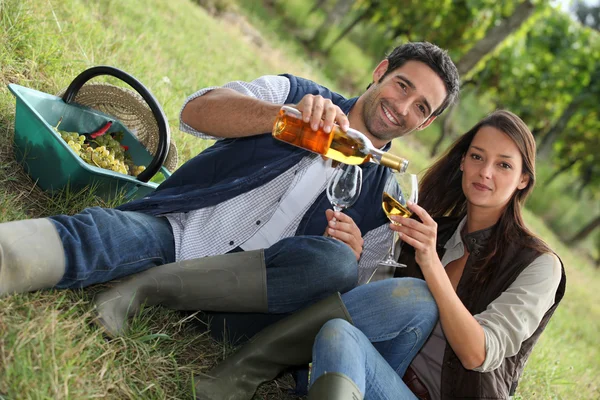 Couple with wine in the field — Stock Photo, Image