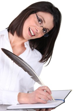 Woman writing with pen clipart