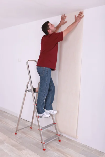 Homem que coloca papel de parede — Fotografia de Stock