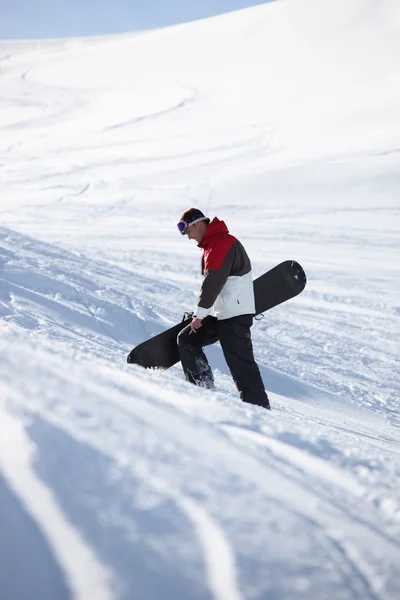 Сноубордист поднимается по склону горы — стоковое фото