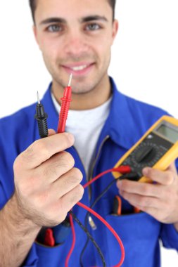 Electrician displaying voltmeter clipart