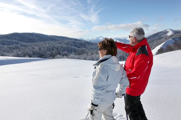 Пара глядя пейзаж в снегу — стоковое фото