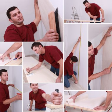 Montage of a man wallpapering clipart