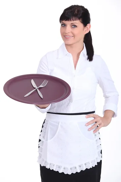 Brunette waitress holding tray — Stock Photo, Image