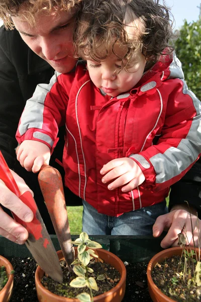 Young father and toddler gardening — Stock Photo, Image
