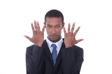 Man in suit with hands up by face clipart