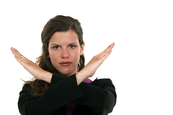 Mujer haciendo una señal X cruzando sus manos — Foto de Stock