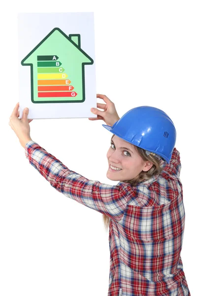 Mulher com um sinal de classificação de energia da casa — Fotografia de Stock
