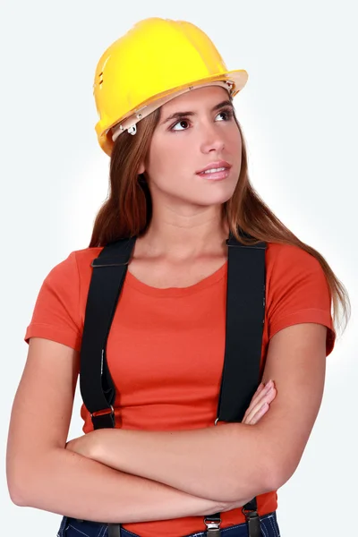 Um retrato de uma trabalhadora de construção feminina . — Fotografia de Stock