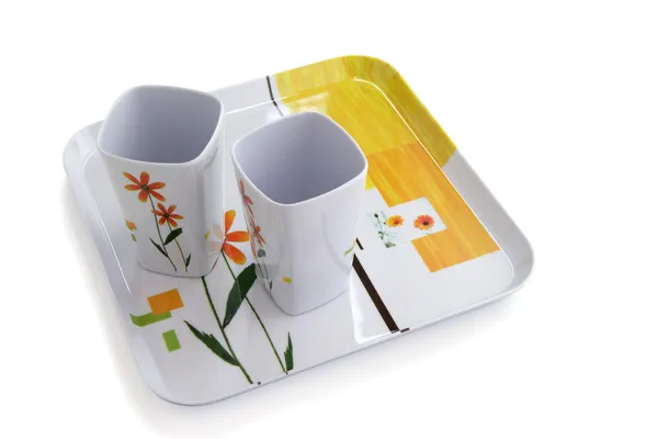 Empty mugs on serving tray — Stock Photo, Image